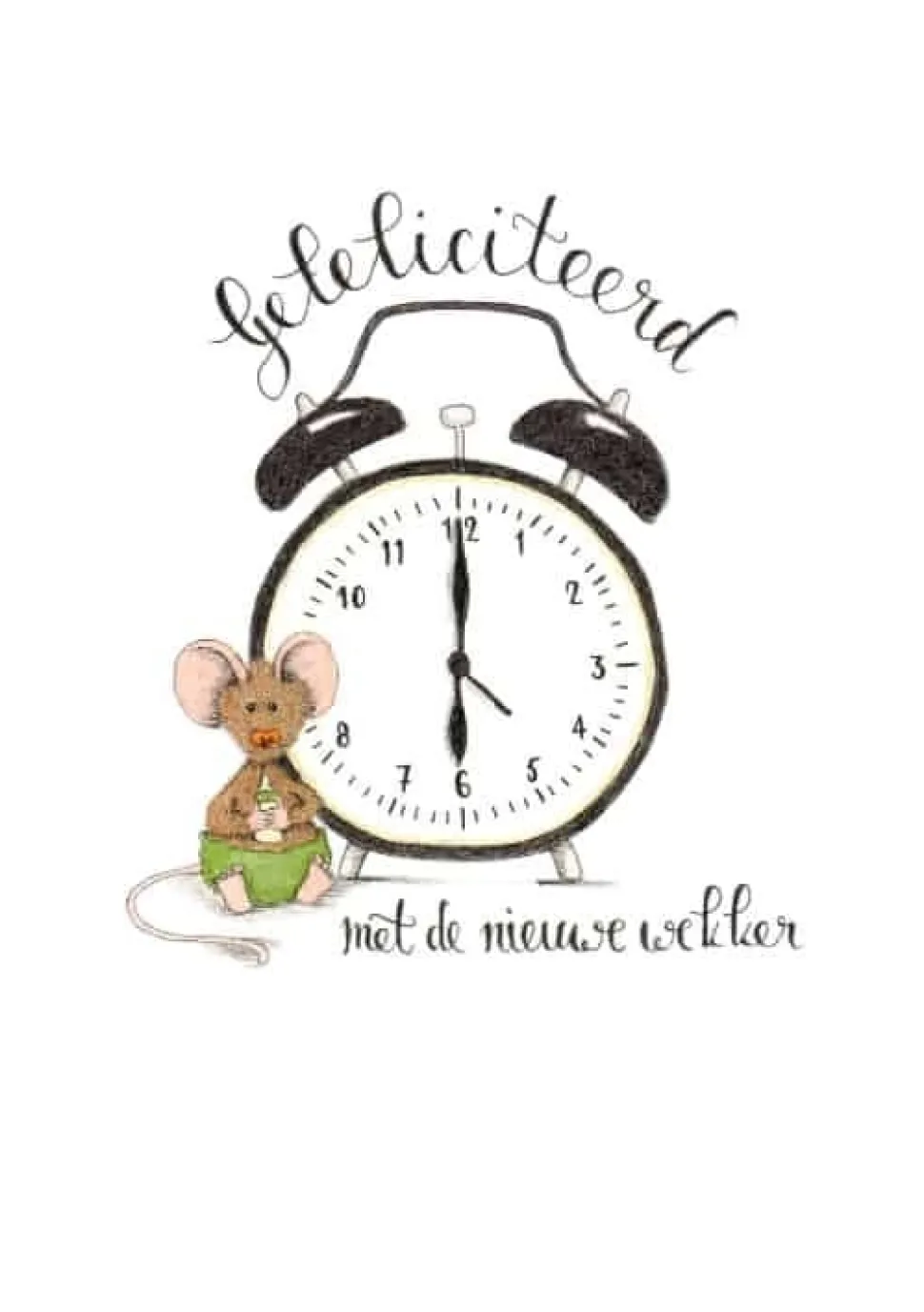Anillustration Ansichtkaart Gefeliciteerd met de nieuwe wekker